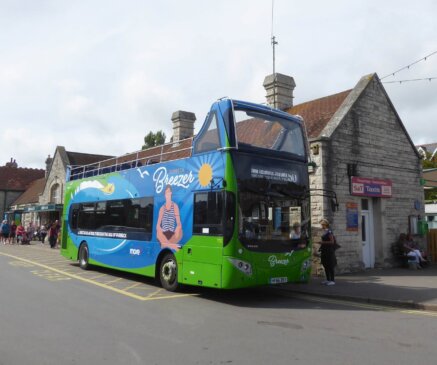 Purbeck Breezer bus outside Swanage station