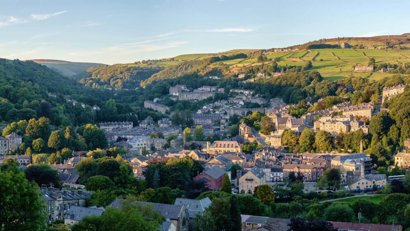Panoramic photograph of Hebden Bridge, a small market town in West Yorkshire, England.
