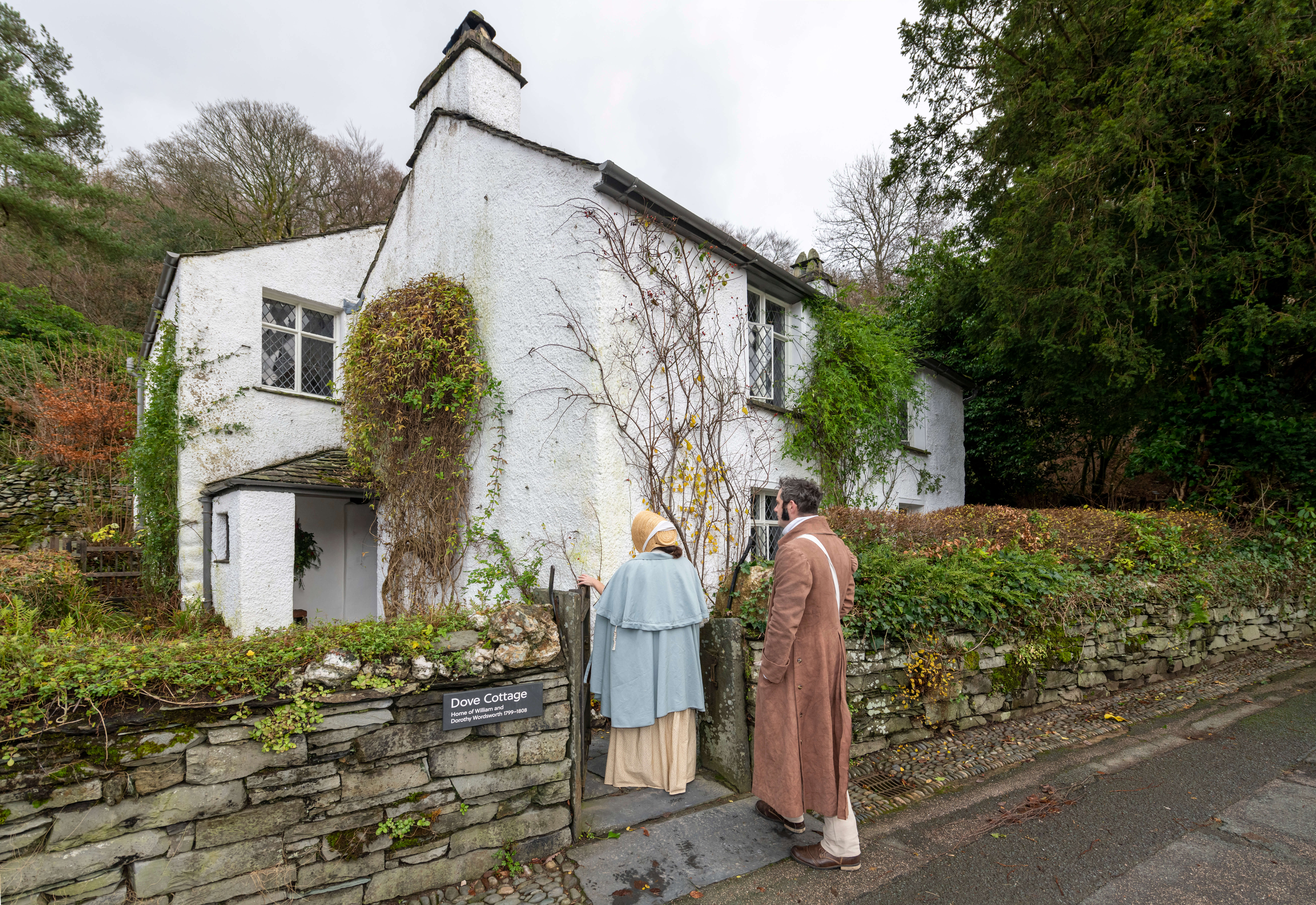Stagecoach bus trip from Keswick to Grasmere to Dove Cottage, best known as the home of the poet William Wordsworth and his sister Dorothy Wordsworth. Seb Coombes and Georgina Harland as William and Dorothy at Dove Cottage in Grasmere.